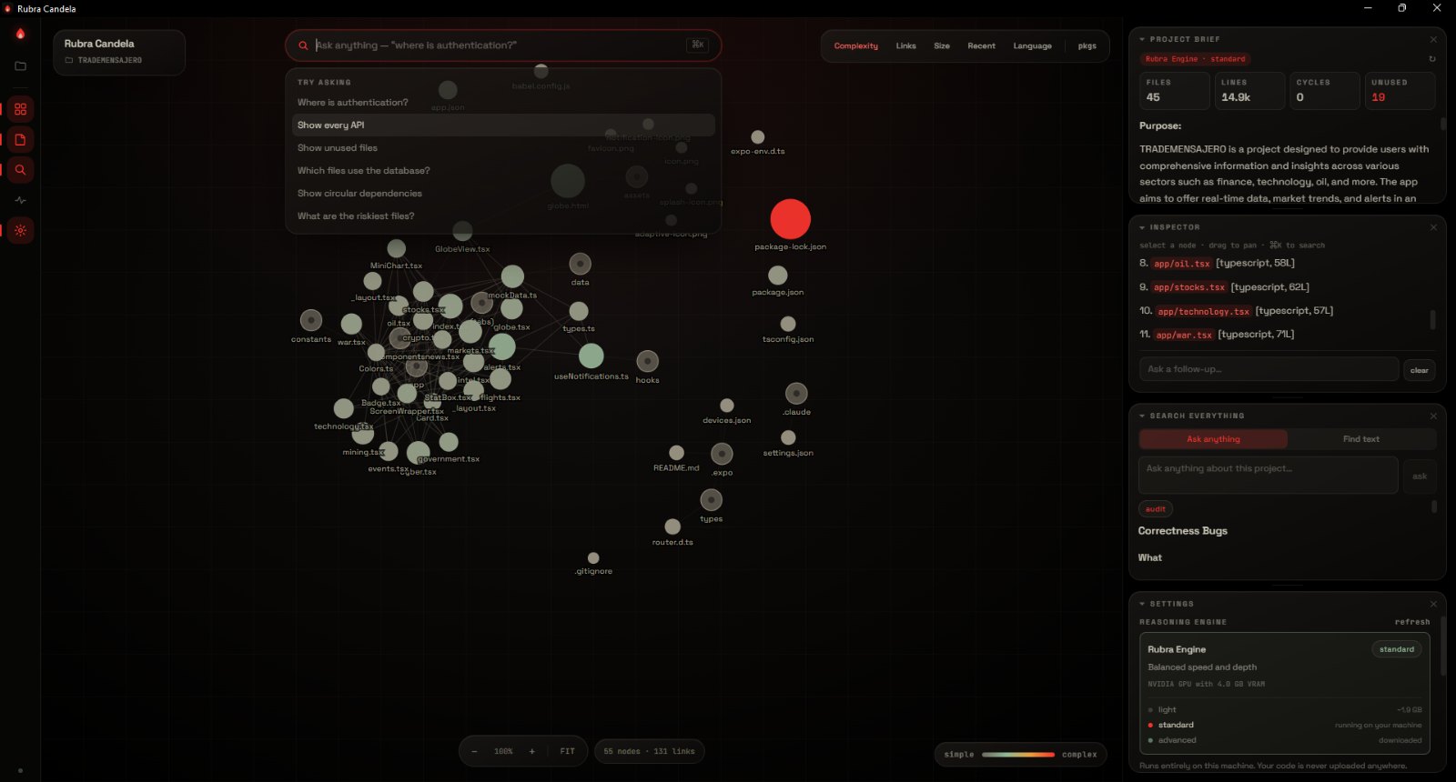 The reasoning engine settings panel, showing three tiers — light, standard and advanced — with the standard tier running on the machine, and the line: runs entirely on this machine, your code is never uploaded anywhere.